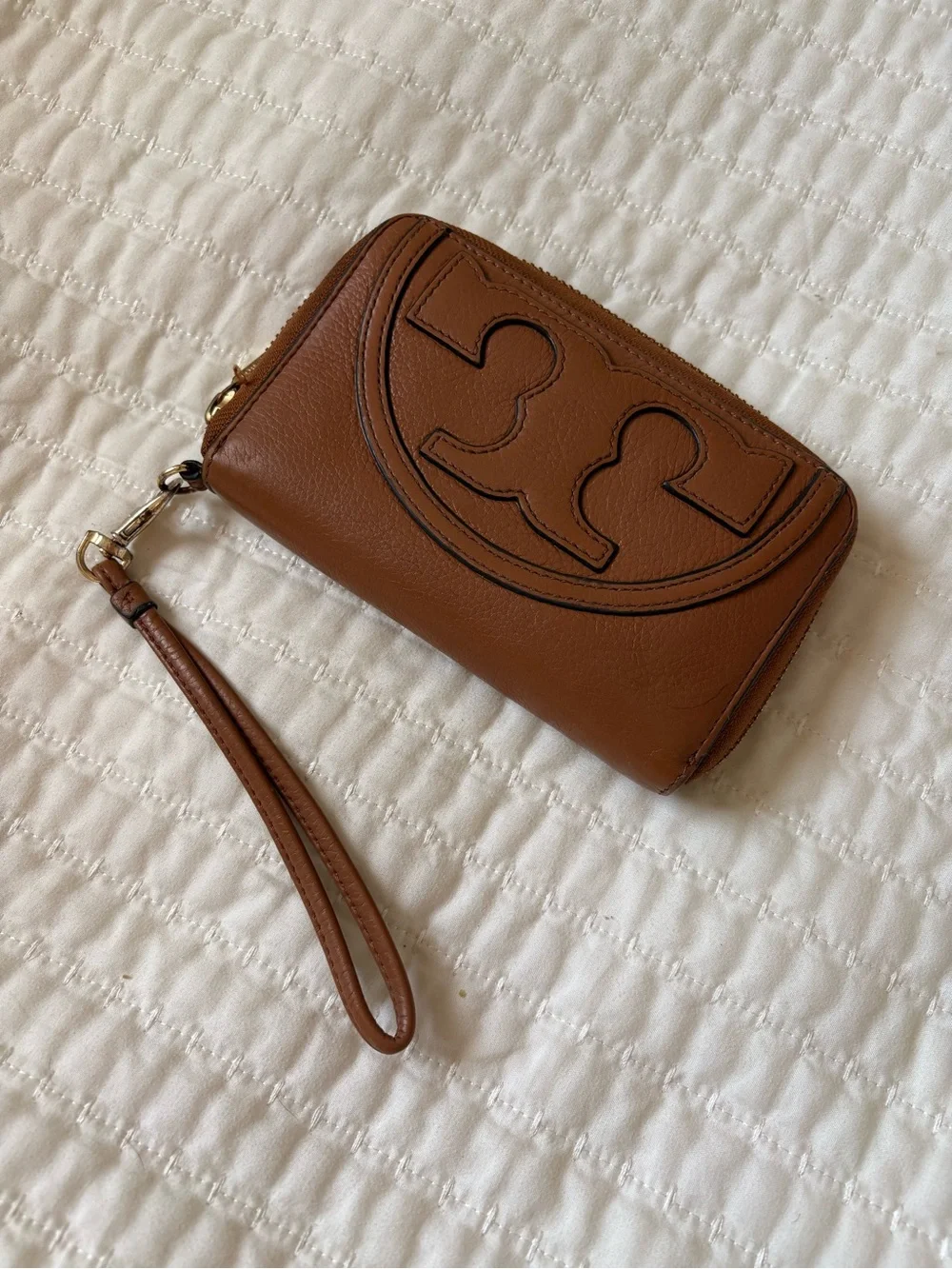 Tory Burch Tan Leather Wristlet with Logo